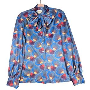 VTG Jantzen 80s Pussybow Blouse 18 Blue Floral Tie Neck Secretary Office Retro
